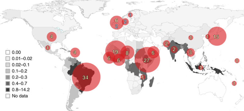 Distribución geográfica de los casos de lepra por cada 100.000 habitantes en 2015 según datos de la Organización Mundial de la Salud. Imagen: A. Benjak